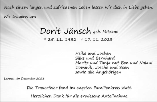 Traueranzeige von Dorit Jänsch von Wetzlarer Neue Zeitung