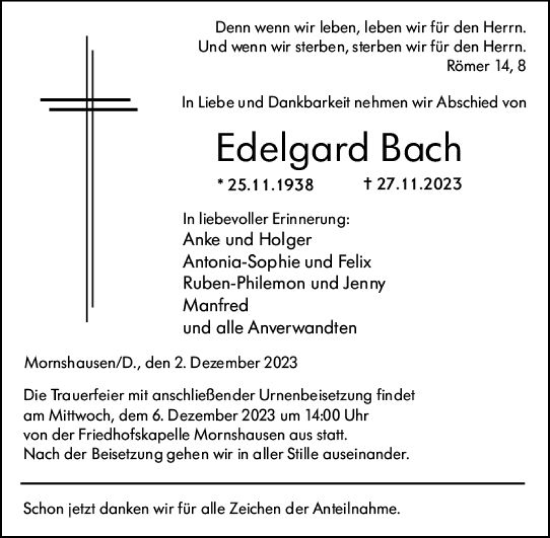 Traueranzeige von Edelgard Bach von Hinterländer Anzeiger