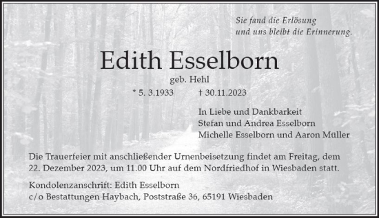 Traueranzeige von Edith Esselborn von Wiesbadener Kurier