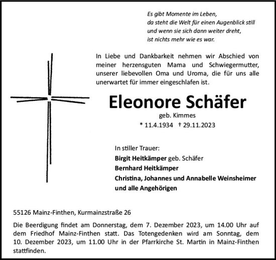 Traueranzeige von Eleonore Schäfer von Allgemeine Zeitung Mainz