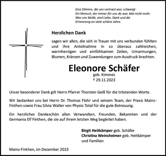 Traueranzeige von Eleonore Schäfer von Allgemeine Zeitung Mainz