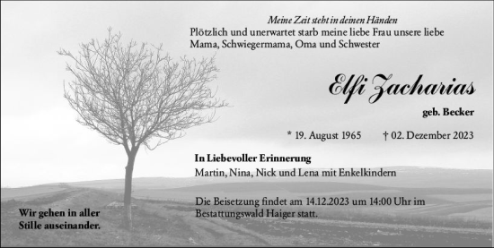 Traueranzeige von Elfi Zacharias von Dill Block