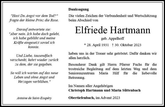 Traueranzeige von Elfriede Hartmann von Nassauische Neue Presse