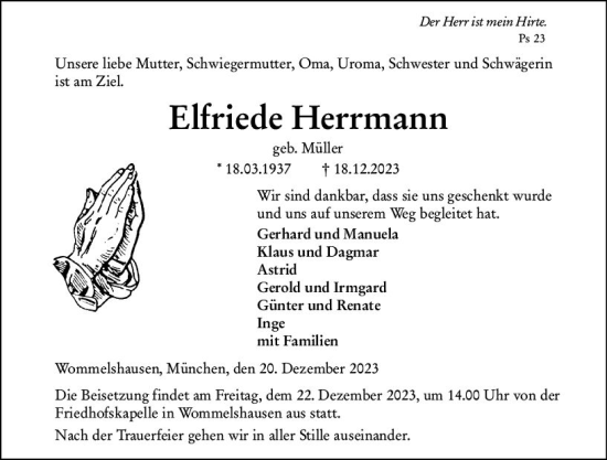 Traueranzeige von Elfriede Herrmann von Hinterländer Anzeiger
