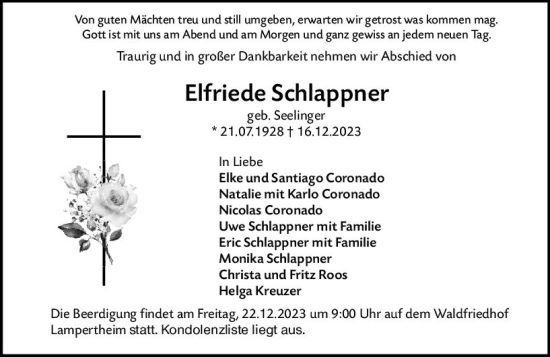 Traueranzeige von Elfriede Schlappner von Starkenburger Echo