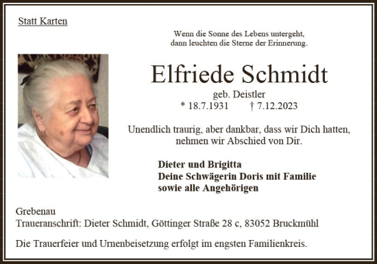 Traueranzeige von Elfriede Schmidt von Oberhessen Kurier