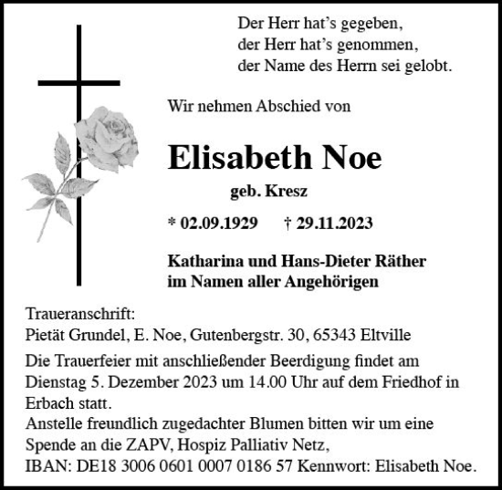 Traueranzeige von Elisabeth Noe von Rheingau Kurier