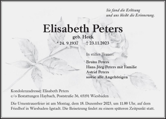 Traueranzeige von Elisabeth Peters von Wiesbadener Kurier