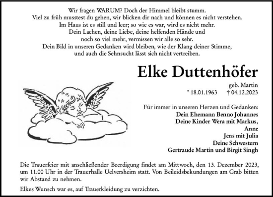 Traueranzeige von Elke Duttenhöfer von Allgemeine Zeitung Mainz