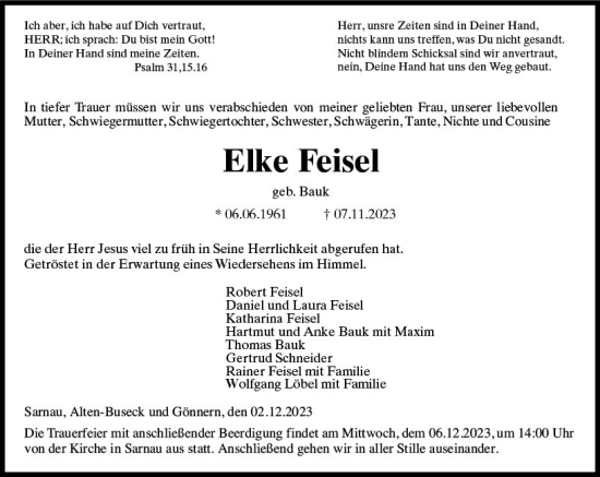 Traueranzeige von Elke Feisel von Hinterländer Anzeiger