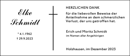 Traueranzeige von Elke Schmidt von Hinterländer Anzeiger