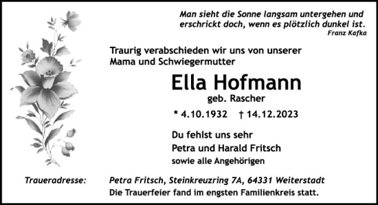 Traueranzeige von Ella Hofmann von Darmstädter Echo