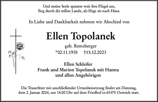 Traueranzeige von Ellen Topolanek von Wiesbadener Kurier
