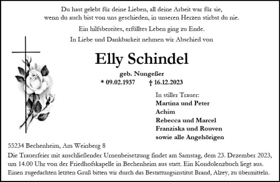 Traueranzeige von Elly Schindel von Allgemeine Zeitung Alzey