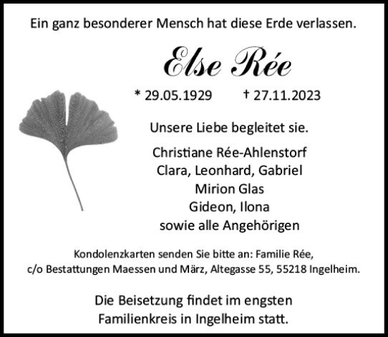 Traueranzeige von Else Ree von Allgemeine Zeitung Bingen/Ingelheim