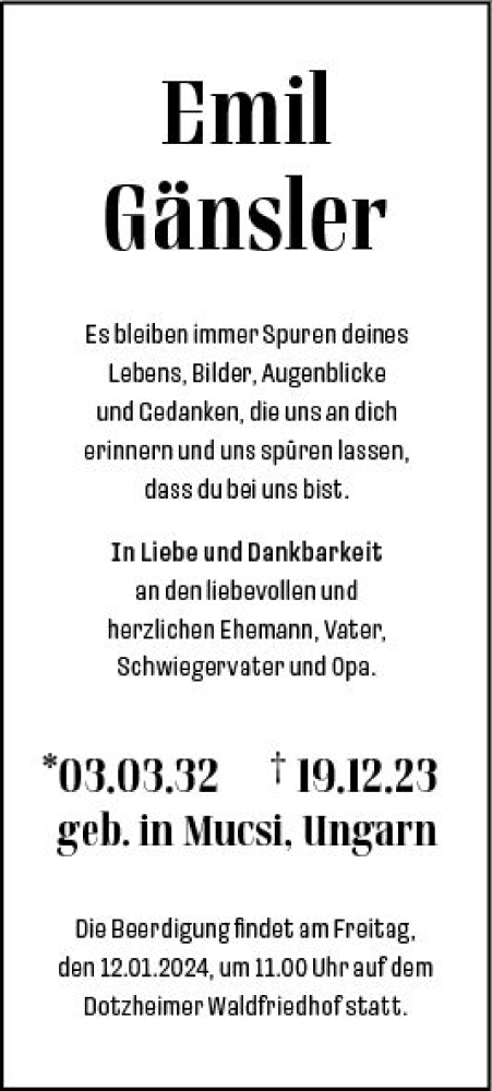 Traueranzeige von Emil Gänsler von Wiesbadener Kurier