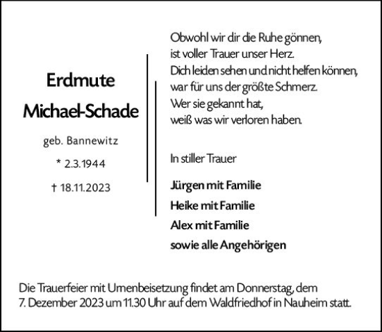 Traueranzeige von Erdmute Michael-Schade von Rüsselsheimer Echo