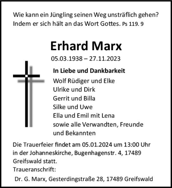 Traueranzeige von Erhard Marx von Wiesbadener Kurier
