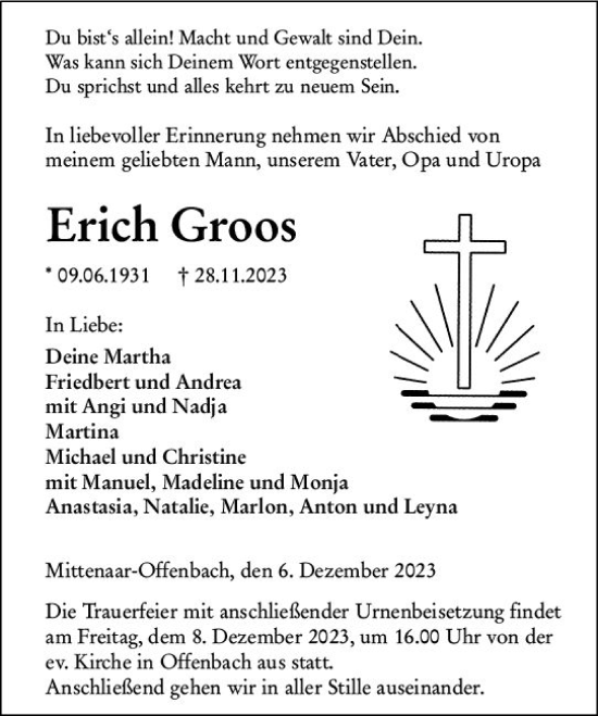 Traueranzeige von Erich Groos von Dill Block
