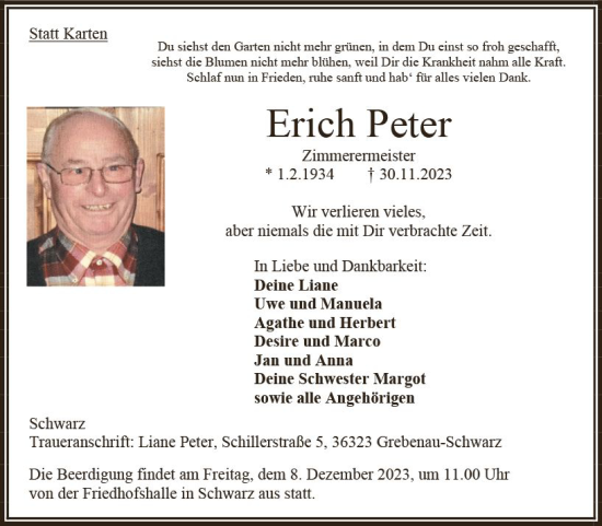 Traueranzeige von Erich Peter von VRM Trauer