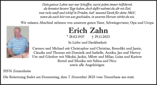 Traueranzeige von Erich Zahn von Allgemeine Zeitung Bingen/Ingelheim