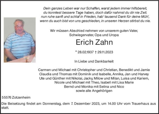 Traueranzeige von Erich Zahn von Allgemeine Zeitung Bingen/Ingelheim