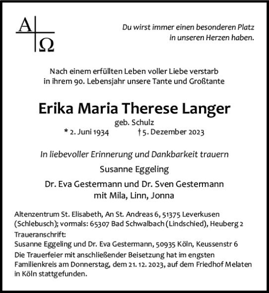 Traueranzeige von Erika Maria Therese Langer von Idsteiner Land/Untertaunus