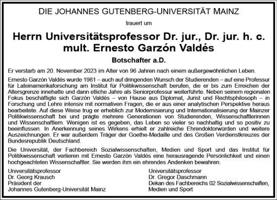 Traueranzeige von Ernesto Garzon Valdes von Allgemeine Zeitung Mainz