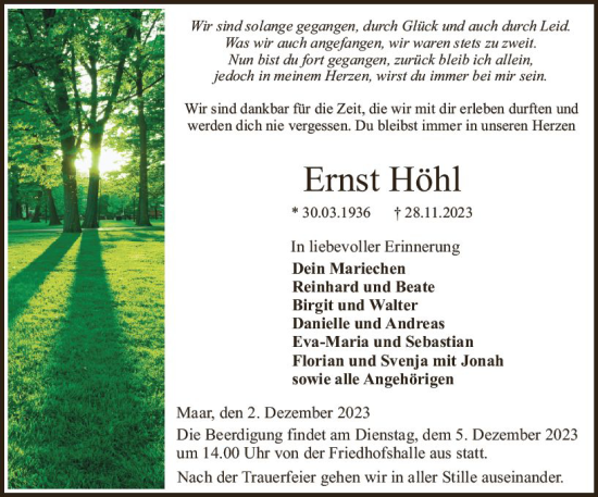 Traueranzeige von Ernst Höhl von VRM Trauer