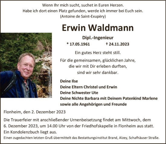 Traueranzeige von Erwin Waldmann von Allgemeine Zeitung Alzey