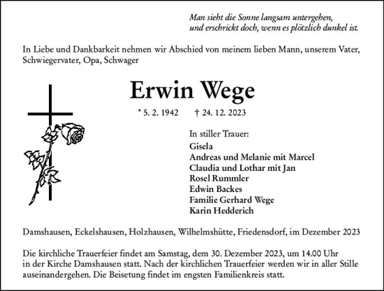 Traueranzeige von Erwin Wege von Hinterländer Anzeiger