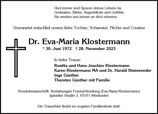Traueranzeige von Eva-Maria Klostermann von Wiesbadener Kurier