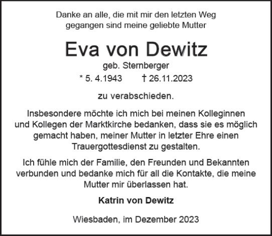 Traueranzeige von Eva von Dewitz von Wiesbadener Kurier