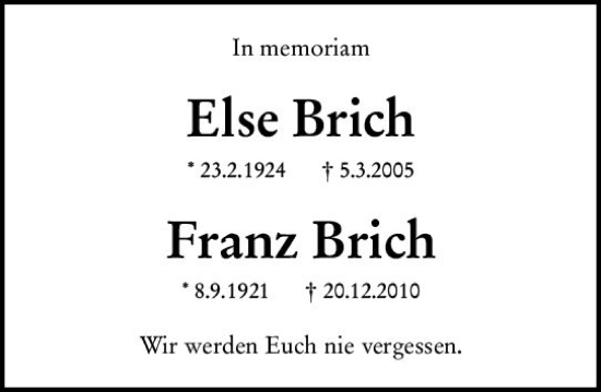 Traueranzeige von Franz Brich von Nassauische Neue Presse
