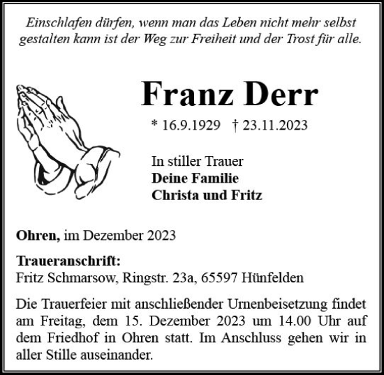 Traueranzeige von Franz Derr von Wiesbadener Kurier