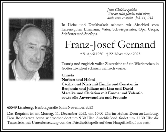 Traueranzeige von Franz-Josef Gernand von Nassauische Neue Presse