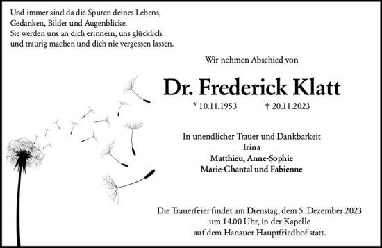 Traueranzeige von Frederick Klatt von Wiesbadener Kurier