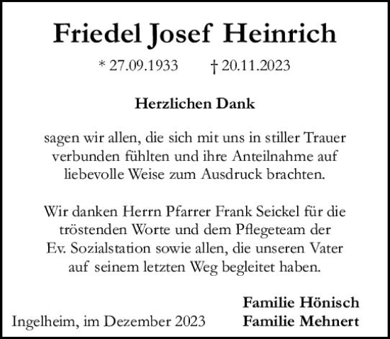 Traueranzeige von Friedel Josef Heinrich von Allgemeine Zeitung Bingen/Ingelheim