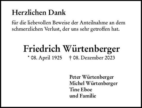 Traueranzeige von Friedrich Würtenberger von Darmstädter Echo
