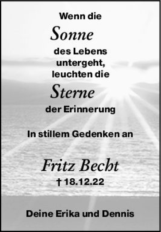Traueranzeige von Fritz Becht von Darmstädter Echo