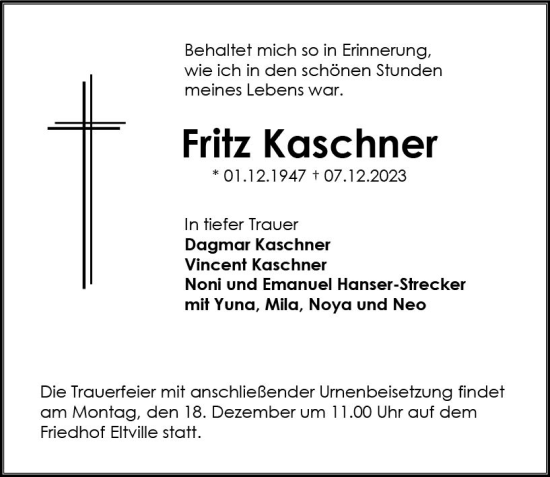 Traueranzeige von Fritz Kaschner von Wiesbadener Kurier