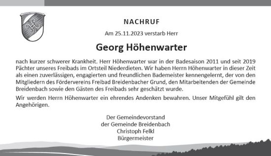 Traueranzeige von Georg Höhenwarter von Hinterländer Anzeiger