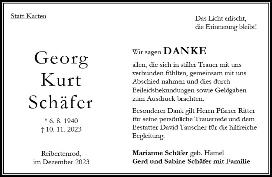 Traueranzeige von Georg Kurt Schäfer von Oberhessen Kurier