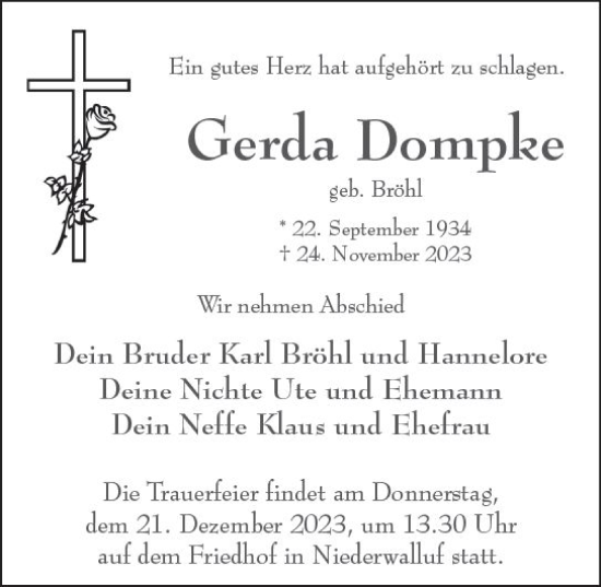Traueranzeige von Gerda Dompke von Wiesbadener Kurier
