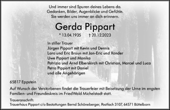 Traueranzeige von Gerda Pippart von Wiesbadener Kurier