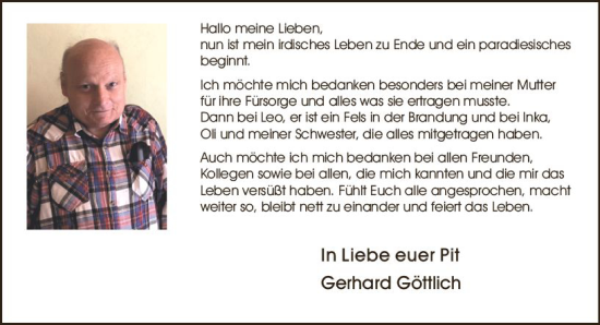 Traueranzeige von Gerhard Göttlich von Allgemeine Zeitung Mainz