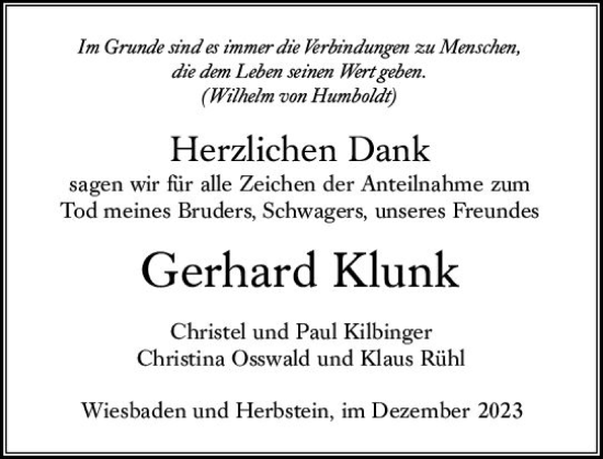 Traueranzeige von Gerhard Klunk von VRM Trauer
