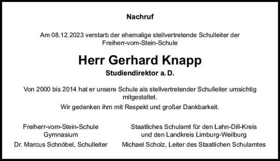 Traueranzeige von Gerhard Knapp von Wetzlarer Neue Zeitung