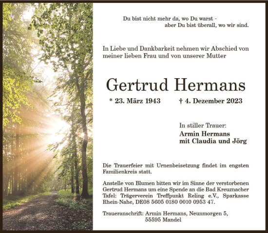 Traueranzeige von Gertrud Hermans von Allgemeine Zeitung Bad Kreuznach