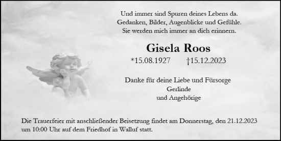 Traueranzeige von Gisela Roos von Rheingau Kurier